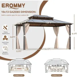 10' x 13' Gazebo Polycarbonate Double Roof Canopy Outdoor Aluminum Frame Pergola, Permanent Pavilion with Netting