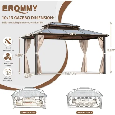 10' x 13' Gazebo Polycarbonate Double Roof Canopy Outdoor Aluminum Frame Pergola, Permanent Pavilion with Netting