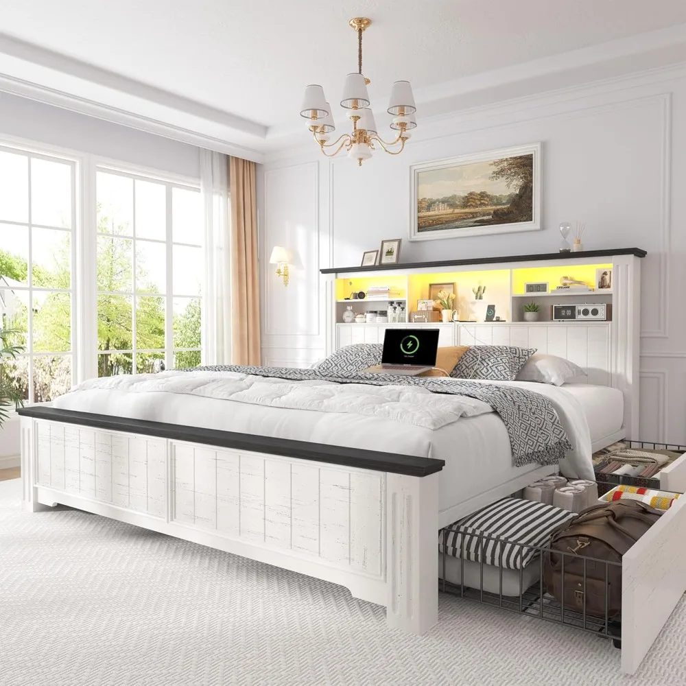 Queen Bed Frame with Headboard and Storage, LED and USB Queen Bed Frame with Storage, White