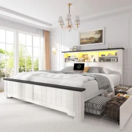 Queen Bed Frame with Headboard and Storage, LED and USB Queen Bed Frame with Storage, White