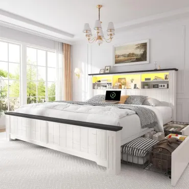 Queen Bed Frame with Headboard and Storage, LED and USB Queen Bed Frame with Storage, White