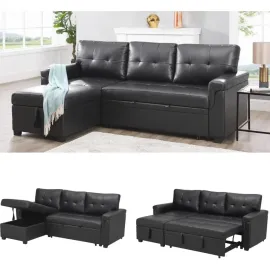 Modern Sectional Sofa, with Storage Chaise Black/Air Leather
