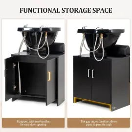 Salon Shampoo Bowl and Chair, Hair Washing Station w/Tilting Sink & Storage Cabinet, Backwash Barber Chair
