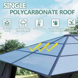 10'x10' Hardtop Gazebo, Outdoor Polycarbonate Roof Gazebo, Heavy Duty Metal Permanent Pavilion with Curtains & Netting