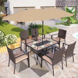 Outdoor Dining Table for 6, Rectangular Metal Wrought Iron Table with Polywood Tabletop and Umbrella Hole, Large Heavy