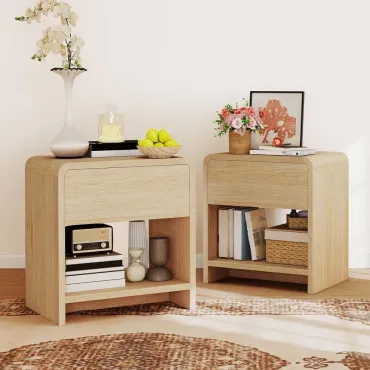 Modern Night Stand Set 2 with Storage Drawer & Open Shelves, 24