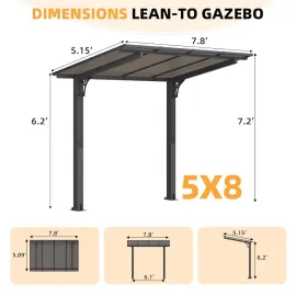 8' x 5' Grill Gazebo Outdoor Pergola for Patio, Freestanding Lean to Hardtop Gazebo Carport Pergolas and Gazebos, Customized