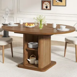 Extendable Round Dining Table for 4-6-8, 59 Inch Dining Room Kitchen Table with Storage, Fluted Wood Slide Door, Customized