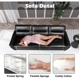 85” Black Faux Leather Couch with USB, 3 Seater Sofa Couches for Living Room, Large Mid Century Modern Office Apartment
