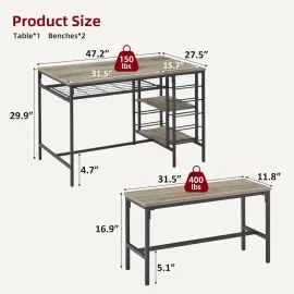 Dining Table Set for 4, Kitchen Table Set for 4 with 2 Benches, 3 Piece Dining Room Table Set for Small Space, Customized