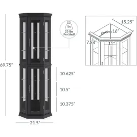 Lighted Three-sided Glass Display Cabinet with Tempered Glass Doors and Shelves, Wooden Corner Cabinet with Light Bulbs