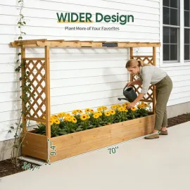 Raised Garden Bed with Trellis & Hanging Roof, Wooden Garden Bed, Outdoor Planter Box for Yard, Garden, Balcony, Customized