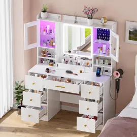 Makeup Vanity Desk with Mirror and Lights, White Large Vanity Desk with 7 Drawers & LED Jewelry Cabinet, Vanity Table