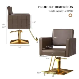 Brown and Gold Barber Chair Hair Salon Chair with Heavy Duty Hydraulic Pump, Square Base, Stainless Steel Footrest