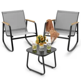 3 Pieces Patio Furniture Set, Outdoor Textilene Furniture Set with Wooden Armrests, Coffee Table with Tempered, Customized