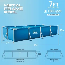 Rectangular Frame 14 ft 9 in x 7 ft 3 in x 33 in Above Ground Pool, Swimming Pool with Steel Frame and 530 GPH, Customized