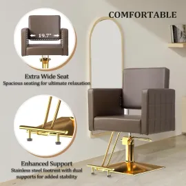 Brown and Gold Barber Chair Hair Salon Chair with Heavy Duty Hydraulic Pump, Square Base, Stainless Steel Footrest