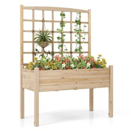 Raised Garden Bed with Lattice Trellis, 4 Drainage Holes, Wooden Elevated Planter Box with Legs for Climbing Vine, Customized