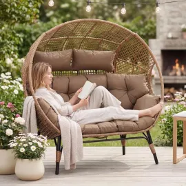 Double Egg Chair Indoor Outdoor 680lbs, 2 Person Brown Wicker Oversized Stationary Egg Chair with Brown Thick, Customized