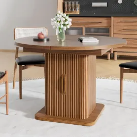 Extendable Round Dining Table for 4-6-8, 59 Inch Dining Room Kitchen Table with Storage, Fluted Wood Slide Door, Customized