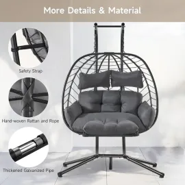 Double Egg Chair with Adjustable Footrest & Stand, Rattan Hammock Swing Loveseat with Cushions & Headrests, Customized