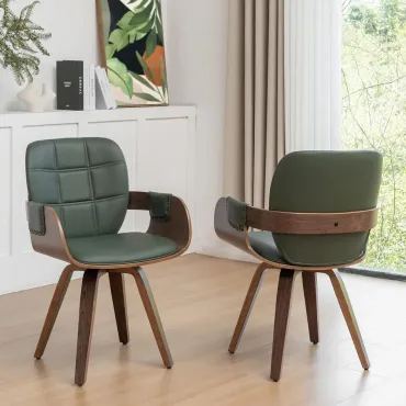 MCM Dining Chair Set of Two, Swivel Faux Leather Dining Chairs with Arms and Curved Back, Bentwood Structure, Walnut Finish