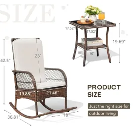 Outdoor Rocking Chairs 3 Piece Patio Furniture Set with Side Table & Cushions, Wicker Porch Rocker Bistro Set High, Customized