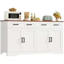 Buffet Cabinet with Storage and Drawers, 55 Large Sideboard Buffet Cabinet with Adjustable Shelves and Door