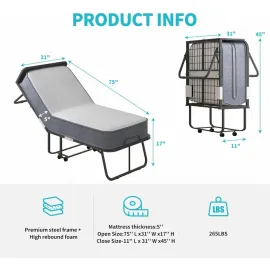 Folding Bed with Mattress, 75 x 31 Rollaway Bed for Adults, 5 inch Thick Foam Mattress, Cot Size Portable Foldable Bed