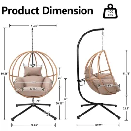 Egg Chair Outdoor, Imitation Rattan Hanging Egg Chair with Stand, Hanging Chairs with Cushions, 80