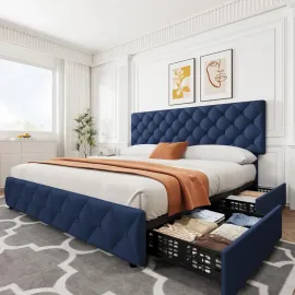 King Size Bed Frame with 4 Storage Drawers and Adjustable Headboard, Faux Leather Upholstered Platform, Customized