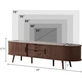69 Mid Century Modern TV Stand with Power Outlet, Farmhouse Curved Edge TV and Media Console Table with Drawer