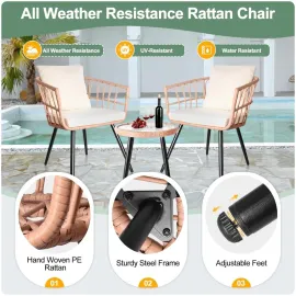 3 Piece Patio Furniture Set Outdoor Wicker Bistro Rattan Chairs Conversation Set of 2 with Coffee Table, Customized