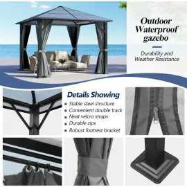 10’x10’ Patio Hardtop Gazebo with Polycarbonate Roof, Waterproof Outdoor Canopy Gazebo, Steel Frame Permanent Pavilion