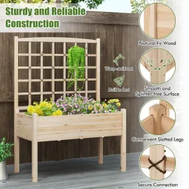 Raised Garden Bed with Lattice Trellis, 4 Drainage Holes, Wooden Elevated Planter Box with Legs for Climbing Vine, Customized
