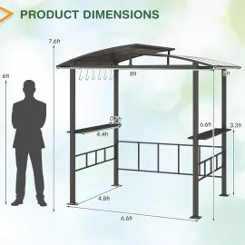 8x5 FT Hardtop Grill Gazebo, Outdoor Double-Tiered Barbecue Canopy with Vented Polycarbonate Roof, 2 Side Shelves