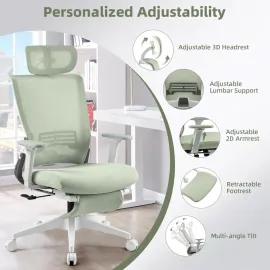 Foldable Office Chair with Footrest, Ergonomic Office Chair with Adjustable Lumbar Support, Headrest and Armrests, Green