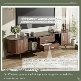 TV Stand, Mid Century Modern for TVs up to 75”, Fluted Entertainment Center, Media Console with Tambour Sliding Doors