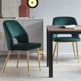Modern Dining Chair Set of 2, Forest Green Velvet Fabric Upholstered Accent Chairs with Golden Metal Legs, Round Back Side Chair