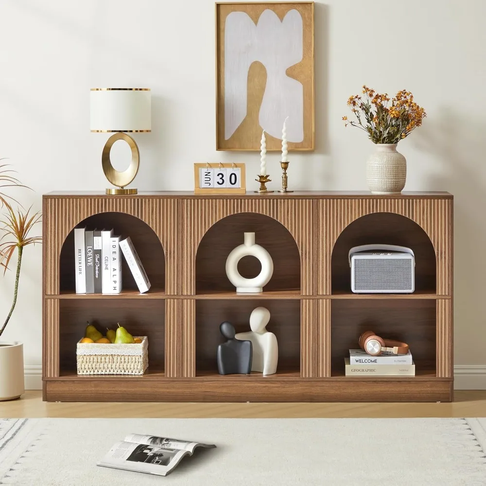 Console Table, with 3-Tier Open Storage, 63 Arched Entryway Table with Carved Fluted Panels, Rectangular Wooden Sofa Table