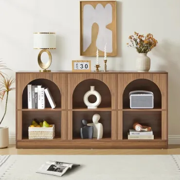 Console Table, with 3-Tier Open Storage, 63 Arched Entryway Table with Carved Fluted Panels, Rectangular Wooden Sofa Table