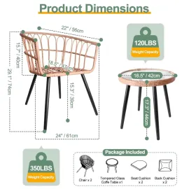 3 Piece Patio Furniture Set Outdoor Wicker Bistro Rattan Chairs Conversation Set of 2 with Coffee Table, Customized
