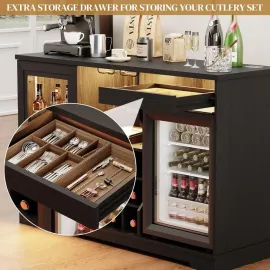 Coffee Bar Cabinet with Fridge (Fridge Included), Large Liquor Bar Cabinet with LED Lights, Glass Holder & Wine, Customized