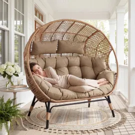 Double Egg Chair Indoor Outdoor 680lbs, 2 Person Brown Wicker Oversized Stationary Egg Chair with Brown Thick, Customized
