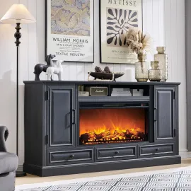 Fireplace TV Stand for 80 Inch TV, 35.7 Tall Farmhouse Entertainment Center W/36'' Electric Fireplace, Media Console