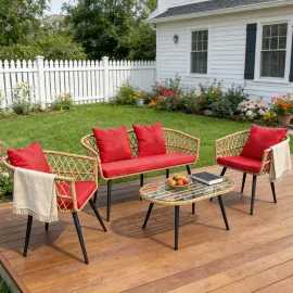 4 Piece Patio Furniture Set, Outdoor Conversation Set with Wicker Sofa, 2 Rattan Chairs and Glass Table, Patio, Customized
