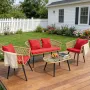 4 Piece Patio Furniture Set, Outdoor Conversation Set with Wicker Sofa, 2 Rattan Chairs and Glass Table, Patio, Customized