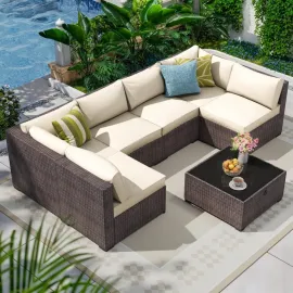 7 Piece Outdoor Patio Furniture Set, Outdoor Sectional Furniture, Rattan & Wicker Modern Modular Conversation Set, Customized
