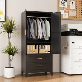 Black Metal Wardrobe Closet with 2 Drawers, 71