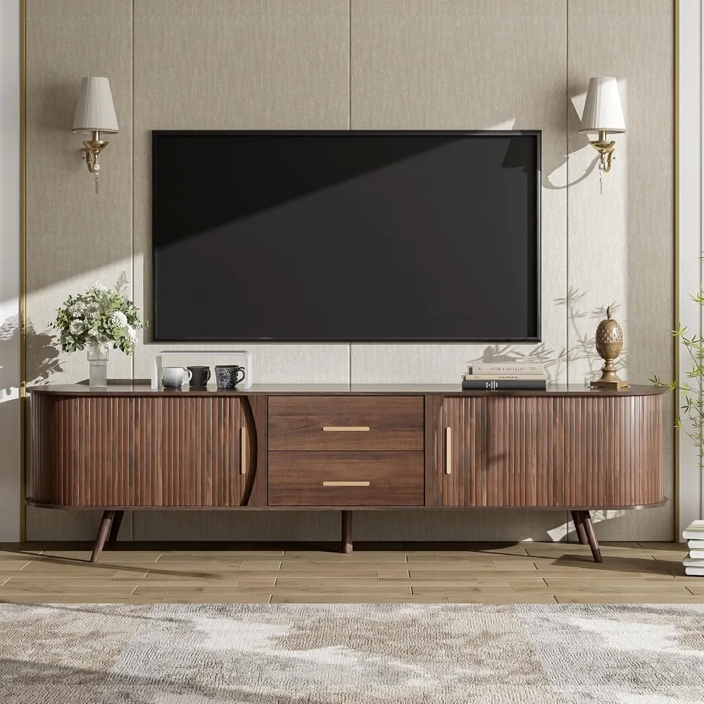 TV Stand, Mid Century Modern for TVs up to 75”, Fluted Entertainment Center, Media Console with Tambour Sliding Doors